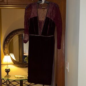 Badgley Mischka Burgundy Velvet and Lace Dress